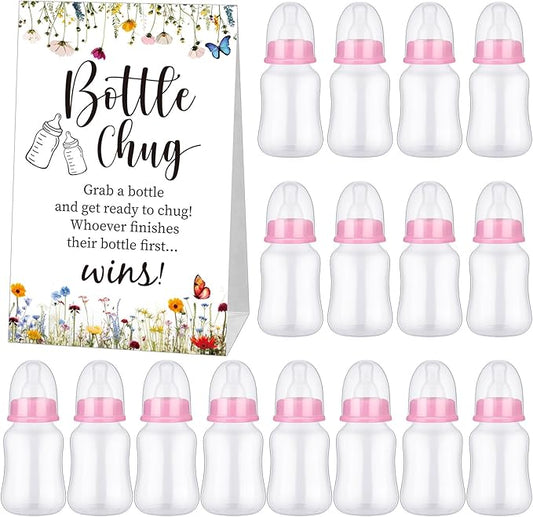 TrelaCo Bottle Chug Baby Shower Game Sign 20 Pcs Baby Bottles Shower Favor Plastic Greenery Flowers Bear Elephant Butterfly Gift Set for Gender Reveal Party (Wildflower,Blue)