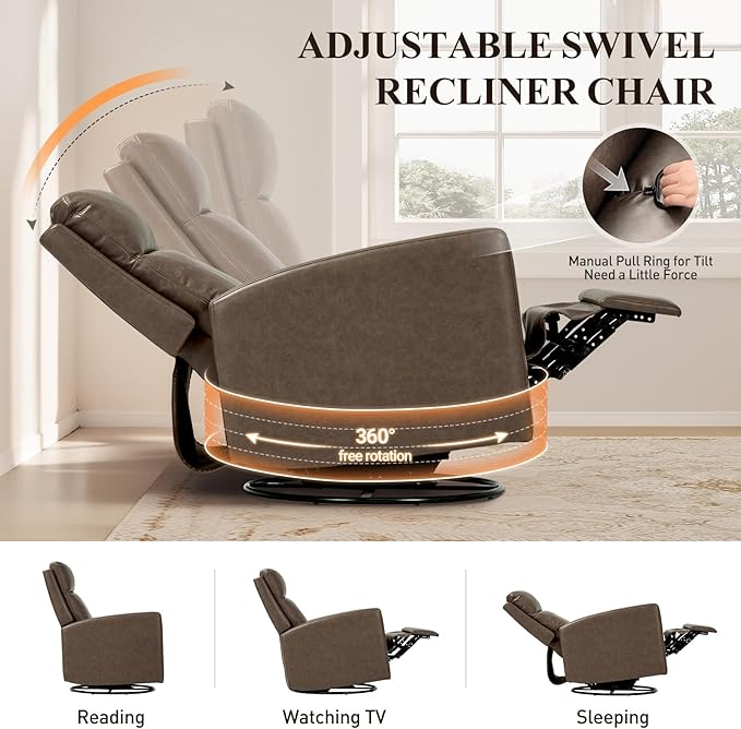 COLAMY Recliner Chair, PU Leather 360° Swivel Rocker Recliner, Nursery Glider Recliner with Ergonomic High Backrest and Upholstered Deep Seat for Living Room, Bedroom, Color Gray