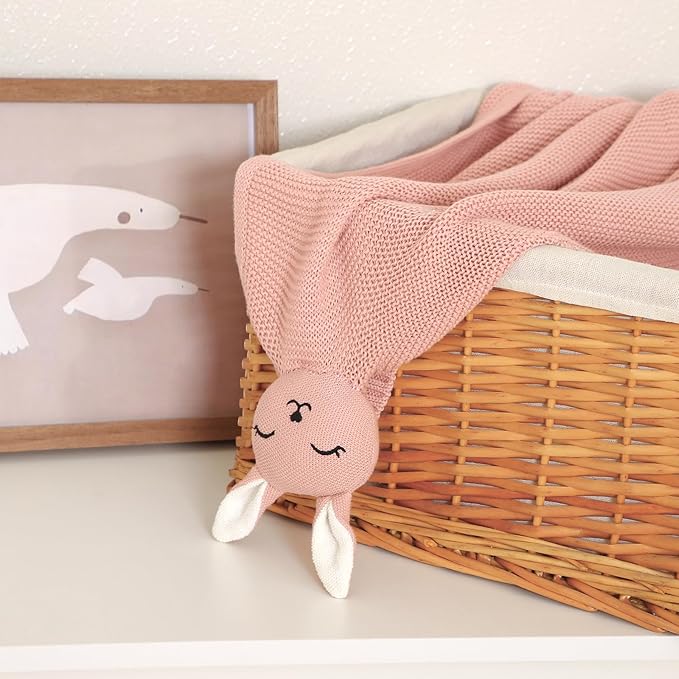 LAWKUL Bunny Lovey Baby Blanket Soft Plush Security Blanket Knit Snuggle Comfort for Newborns Toddlers Boy Girl Pink 40x30in