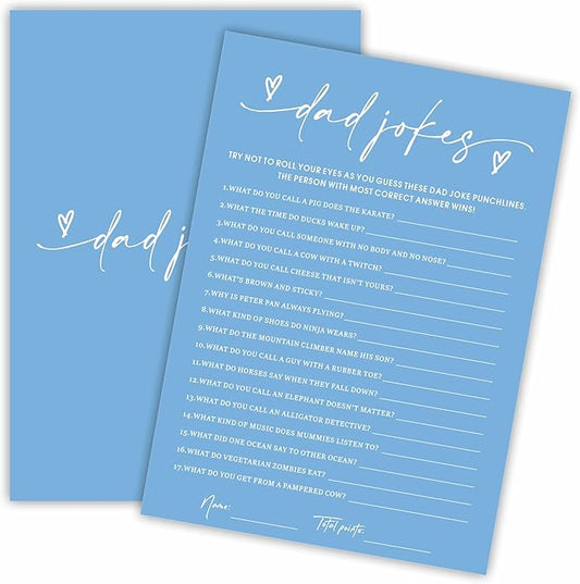 Dad Jokes Baby Shower Game Cards - Minimalism Blue - 30 Double-Sided Fill In Style Game Cards For Gender Reveal, Baby Announcement, Party Games & Activity - C05