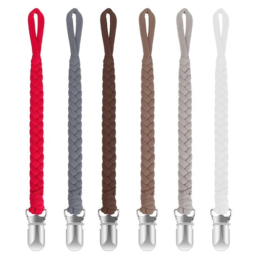 Pacifier Clip for Boys and Girls 6 Pack Baby Pacifier Holder Leash 100% Handmade Braided Fits All Pacifiers & Teething Toys Modern Unisex Baby Gift, Red Passion