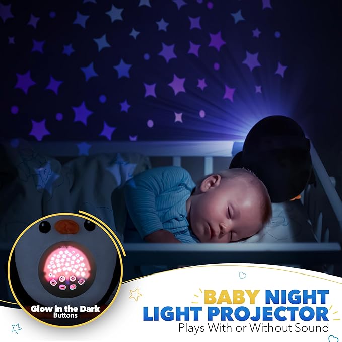 Bubzi Co Portable Penguin Baby Soother & Night Light Projector, Comforting Electronic Infant Toddler Sleep Aid with White Noise