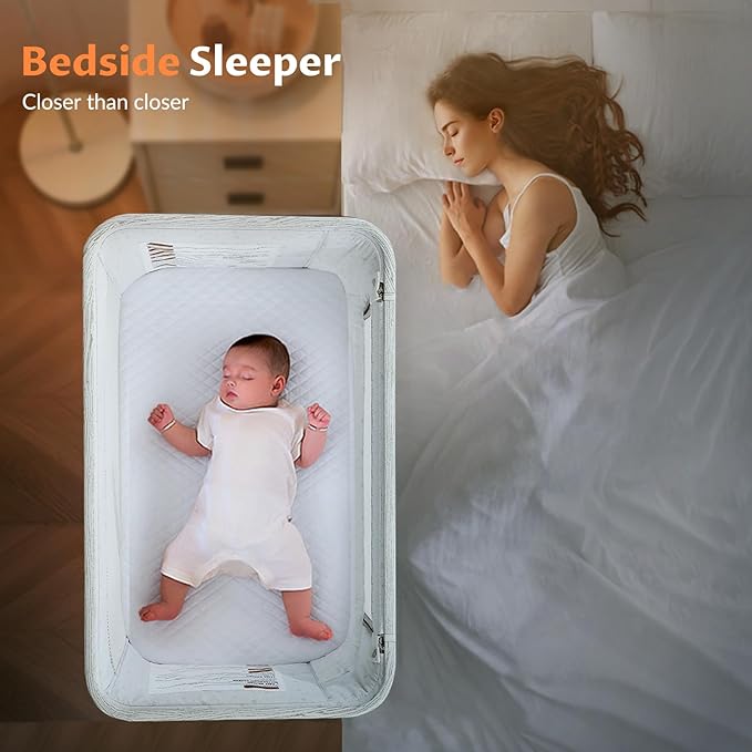 Rocking Bassinet for Baby Electric 3 Motion Automatic Bedside Sleeper Auto Rolling Newborn Cradle Rocks Itself 5 Height Adjustable with Music, Wheels, Storage, Grey & White