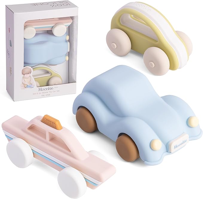 Moonkie Food-Grade Silicone Toy Cars for Toddlers 6M+ | Push & Go Baby Vehicles | One-Piece Safe Design, Easy to Clean & Grasp | Perfect 1st Birthday Gift | 3-Pack