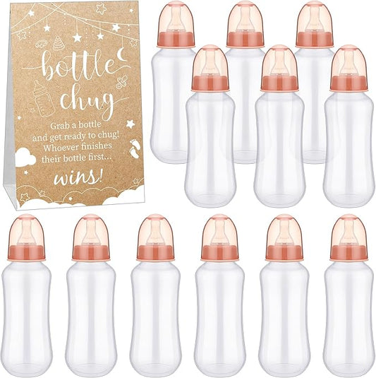 TrelaCo Cool Baby Shower Games Sets 12 Pcs Feeding Bottles with 1 Bottle Chug Sign for Gender Reveal Baby Shower Party Favors Decoration Games(Elegant,Kraft)