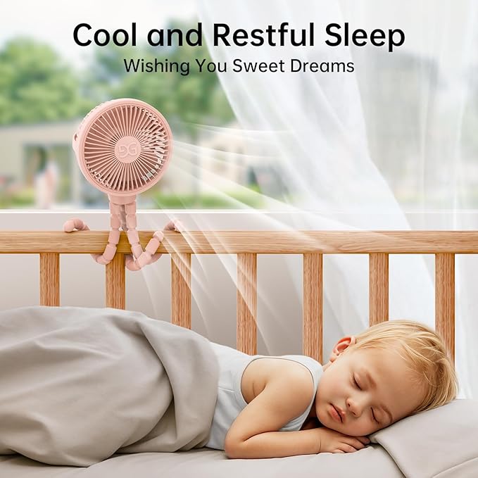 GUSGU Stroller Fan Clip on for Baby, Flexible Tripod & Rechargeable Battery, Small Personal Fan, Mini Portable Fan for Travel, Handheld, Car (Pink)