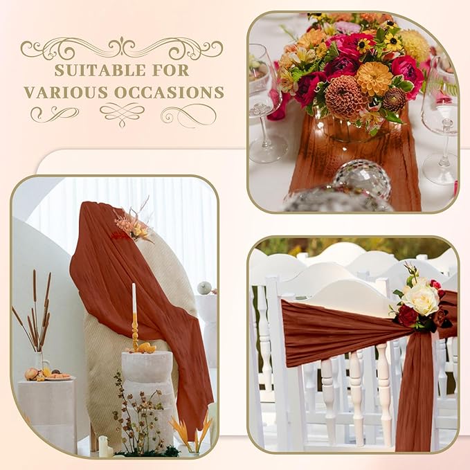 Le courant 6pcs 10Ft Cheesecloth Table Runner, Rustic Boho Gauze Cheese Cloth Runner Table Runner for Weddings Bridal Baby Shower Birthday Holiday Parties Home Decor, Terracotta