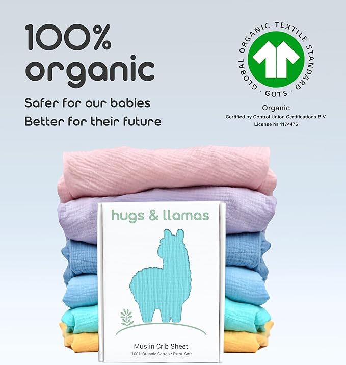 Hugs & Llamas | 100% Organic Cotton Muslin Fitted Sheet | Premium Baby Crib Sheets for Boys & Girls - Neutral