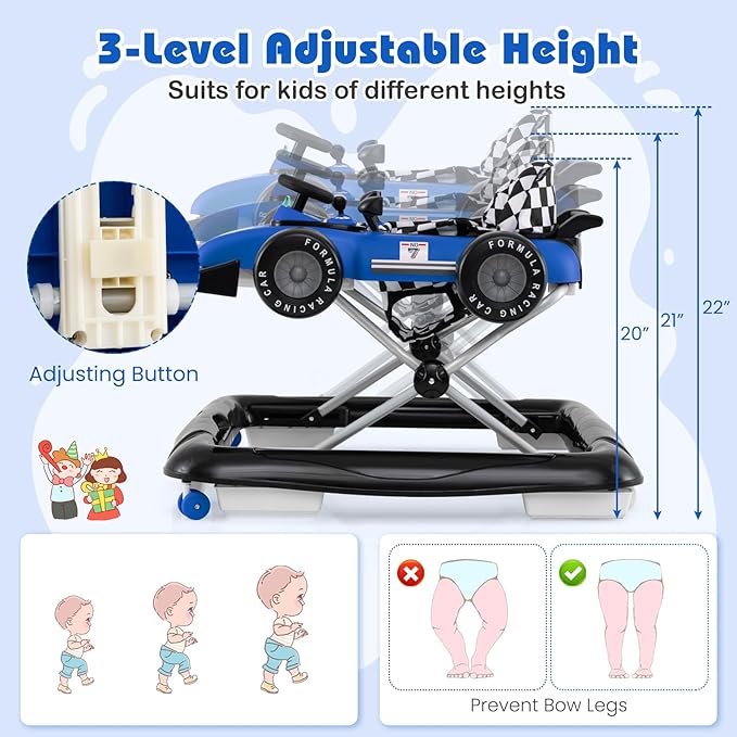 BABY JOY 4-in-1 Baby Walker, Foldable Activity Walker with Push Mode, Adjustable Height, Lights, Anti-Rollover, Baby Walker with Wheels for Boys Girls 6-18 Months (Blue)