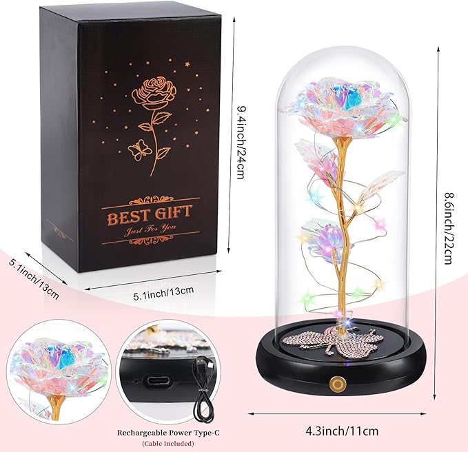 DEEMEI Birthday Gift for Women Gold Rose Eternal Flower USB Light Up Rose in Glass Dome Anniversary Flowers for Delivery Prime Mothers Day Presents Flowers Gifts for Her Grandma Girlfriend Wife