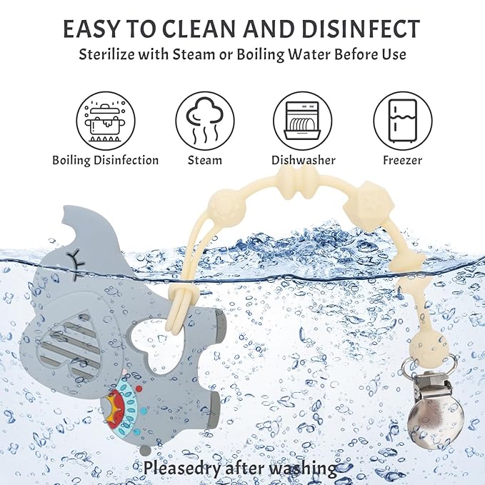 Baby Teething Toys for Babies, Elephant Teether Pain Relief Toy with One Piece Design Pacifier Clip Holder Set, Freezer Safe Neutral Shower Gift for Boys and Girls (Gray)