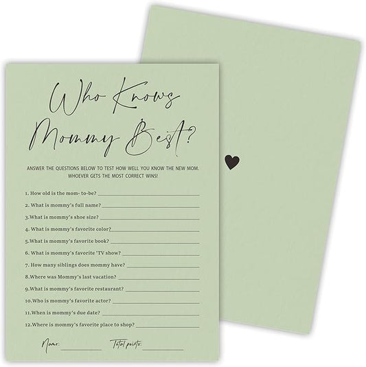30 Pcs Minimalist Green Shower Game Cards, Who Knows Mommy Best, Games To Play With Family and Friends, Baby Announcement, Gender Reveal Party Supplies - A07