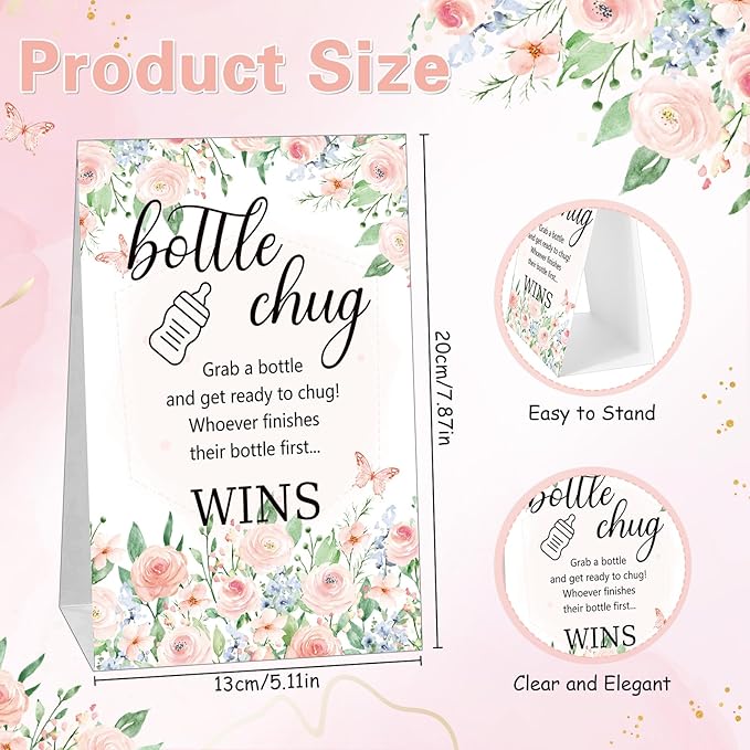 TrelaCo Bottle Chug Baby Shower Game 20 Pcs Baby Bottles Shower Favor with 1 Flowers Theme Sign for Gender Reveal Party Supplies Gifts(Pink)