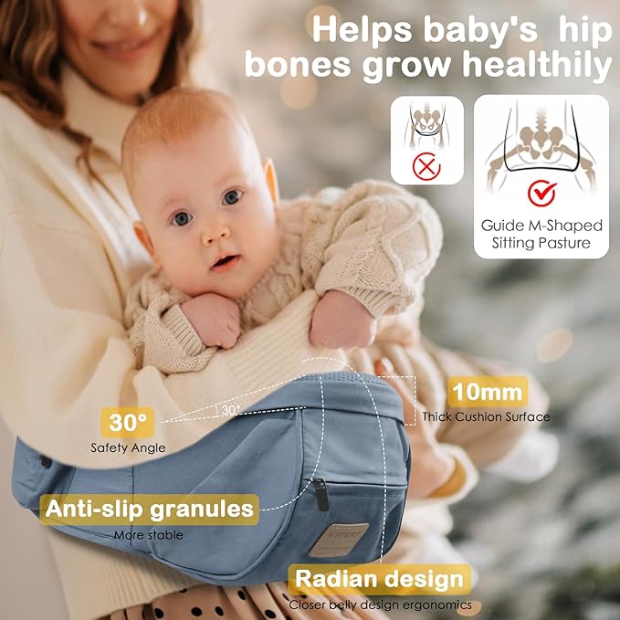 Baby Hip Seat Carrier, Adjustable Waistband with 3D Abdominal Support & Various Pockets Ergonomic Carrier for Newborns to Toddlers up to 33 lbs Medium Haze Blue