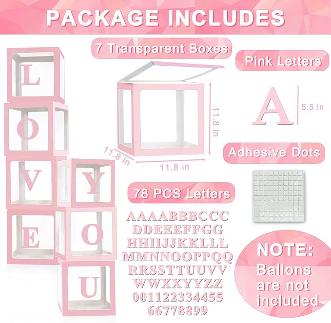 Ledido Transparent Balloon Boxes With 78 Letters, Pink Baby Boxes with Letters for Baby Shower Clear Letter Boxes for Party Wedding Birthday Baby Shower Decorations 7 PCS