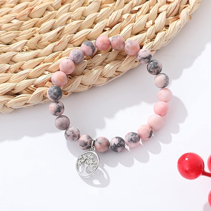 QWNHONEY Mothers Day Gift for Grandma Mom Mother in Law Sister in Law Bonus mom Granny Nana Valentine's Day Birthday Anniversary Pink Red Natural Stone Tree of Life Bracelet