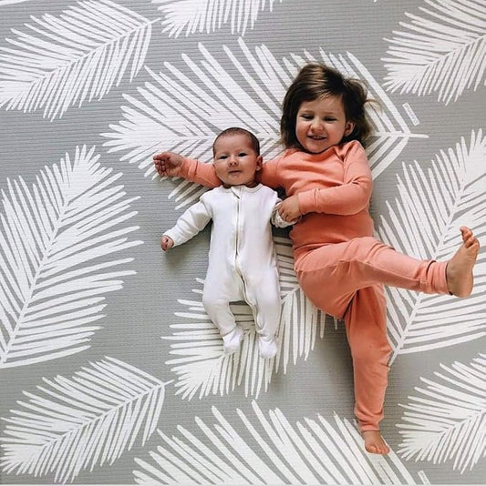 Cushmat Stylish Reversible Foam Play Mat (Large, Palm Gray - Blue Diamonds) - Soft, Waterproof, Durable Play mat for Infants, Babies, Toddler, Kids & Grownup - 6.5ft x 4.5ft