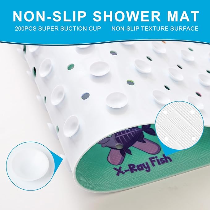 XIYUNTE Baby Bath Mat for Tub Non Slip Kids Bath Mat - 40''x16'' Extra Long Cartoon Baby Bath Tub Mat Eco-Friendly Toddler Bath Mats with Suction Cups, Easy to Clean & Easy Drying, Alphabet(Green)