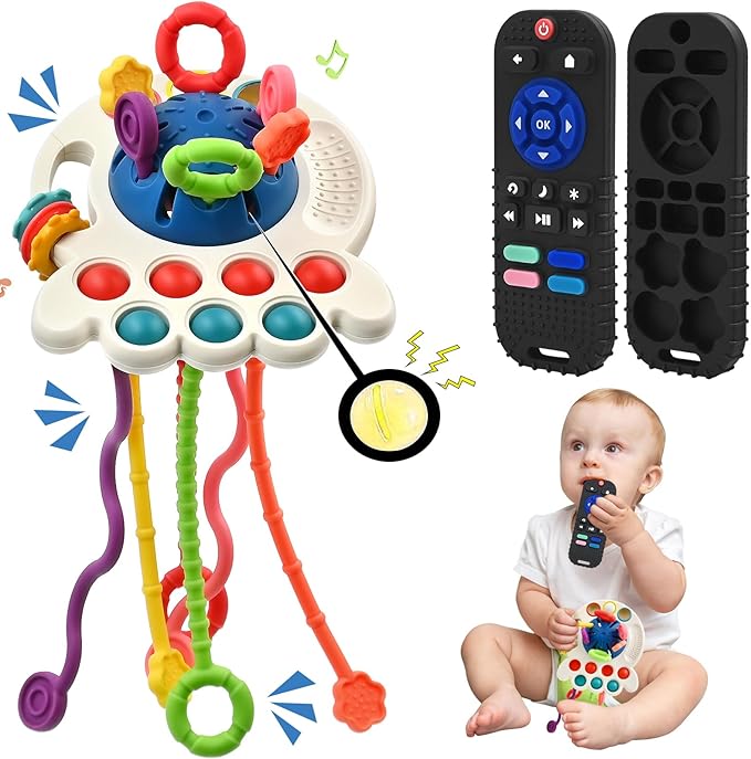 AiTuiTui Sensory Montessori Baby Teething Toys, Silicone Remote Control Teether Toddler Educational Learning Travel Toys for 3 6 9 12 18 Months Infant Newborn Boy Girl Birthday Gifts
