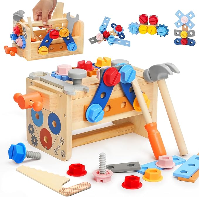 Myfolrena Kids Tool Set With Belt - Wooden Pretend Play Tools for Toddlers Ages 2-5 - Learning Stem Montessori Toys