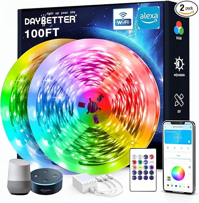 DAYBETTER 100 ft Smart WiFi Led Lights, Led Strip Lights Work with Alexa and Google Assistant, App Voice Remote Control Music Sync Color Changing RGB Strip Lighting for Bedroom Room Decor, 50 ft *2