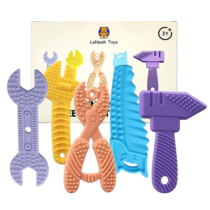 Infant Teething Tools Set: Soft BPA Free Teething Toys, 5 Piece Construction Set, Baby Boy Essentials Einstein, Gift for Infant Toddler Boy Girl