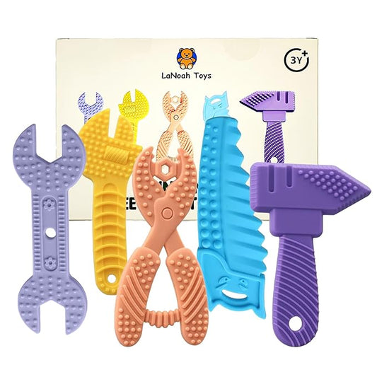 Infant Teething Tools Set: Soft BPA Free Teething Toys, 5 Piece Construction Set, Baby Boy Essentials Einstein, Gift for Infant Toddler Boy Girl
