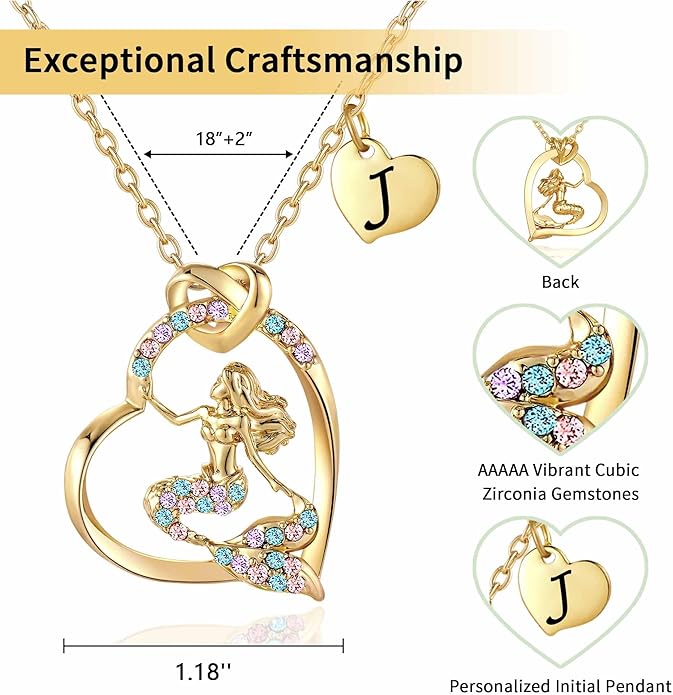 K-Acc 14K Gold-Plated Mermaid Initial Heart Necklace - Gifts for Girls