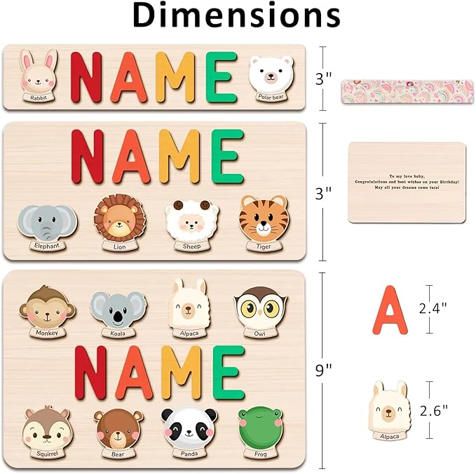 Name Puzzle for Kids Personalized, First Birthday for Baby Boy Girl, Wooden Animal Puzzles for Toddlers 1-3, Educational Toys for 1 Year Old