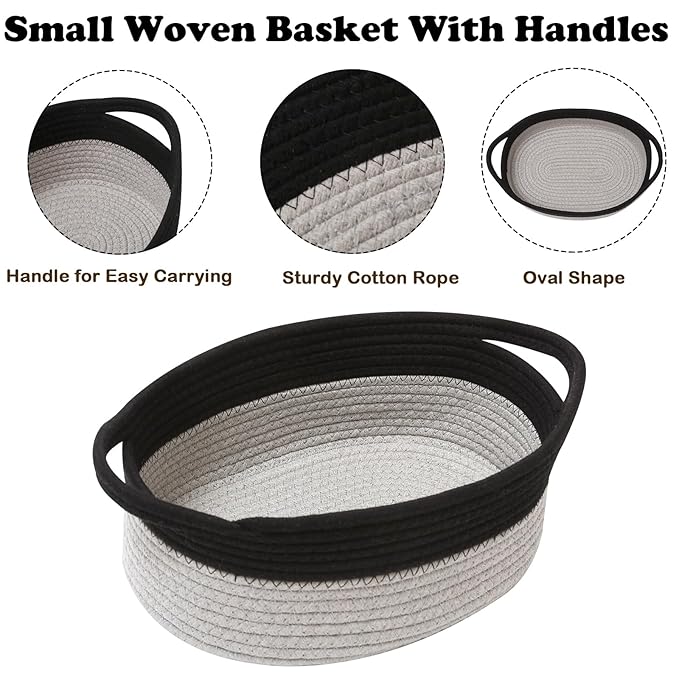 Gift Basket with Gift Bag and Ribbons,Small Rope Woven Shelf Storage,Baskets for Gifts Empty,Birthday,Shower,Decorative Organizer Box for Cat Dog Pet with Handles(Black&Grey)