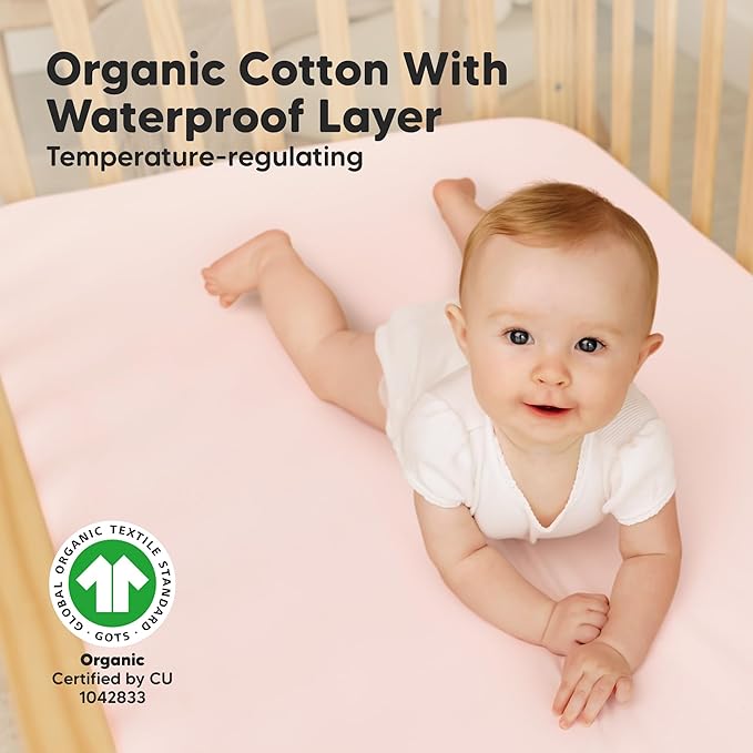 2-Pack Waterproof Crib Sheets for Girl, Boy - Organic Cotton 52X28 Fitted Crib Sheets Neutral,Crib Mattress Protector Sheets,Soft Toddler Bed Sheets,Washable Infant Fitted Baby Crib Sheets (Mist Rose)