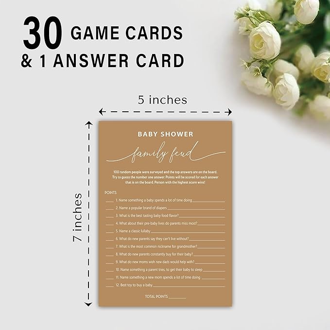 Baby Shower Family Feud Game - Pack of 30 Game Cards 1 Answer Key, Baby Shower Game for Boy & Girl, Gender Neutral Baby Shower Decorations, Baby Feud Game Supplies-07F-Caramel