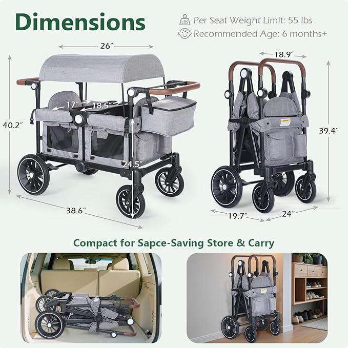 Kinder King Folding Wagon Stroller for 2 Kids, All-Terrain Baby Stroller Wagon Outdoor, Removable Canopy 2 Seater, Adjustable Handle, Shock-Absorbing Wheel, Detachable Tray, Parent Organizer, Gray