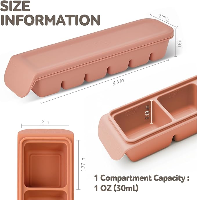 Silicone Freezer Trays with Lid,2ea 1oz 6 Section-Leak Proof Silicone Freezer molds for Homemade Baby Food Breastmilk, Purees, Vegetables, Fruit, Baby Food Jars Ice Tray with Lid BPA Free Beige