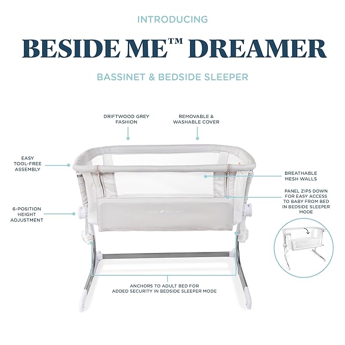 Baby Delight Beside Me Dreamer Bassinet | Bedside Sleeper | 6-Position Height Adjustment | Driftwood Grey