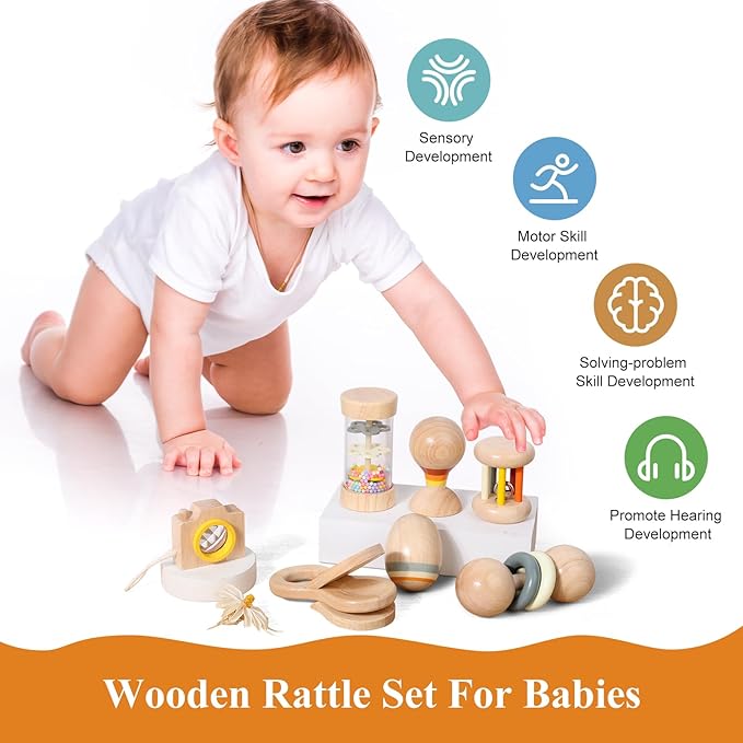 WODI Wooden Baby Toy 7pcs, Montessori Toys for Babies 0-3-6-12 Months, Toddler Hand Wooden Rattles Toy Set for Infant Grasping with Storage Bag, Sensory Development, Gift for Baby Boys Girls