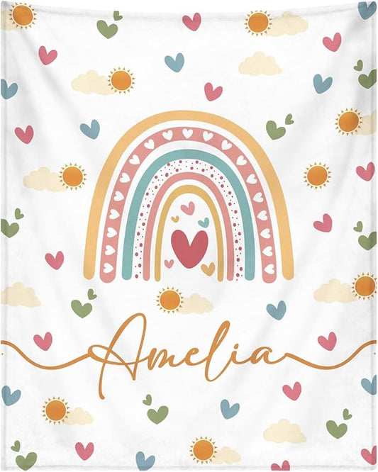 Personalized Baby Blankets for Girls Women Custom Boho Style Baby Blanket with Rainbow Personalized Baby Girl Blanket with Name Customized Gift for Adult Expecting Mom Baby Shower Birthday Gifts
