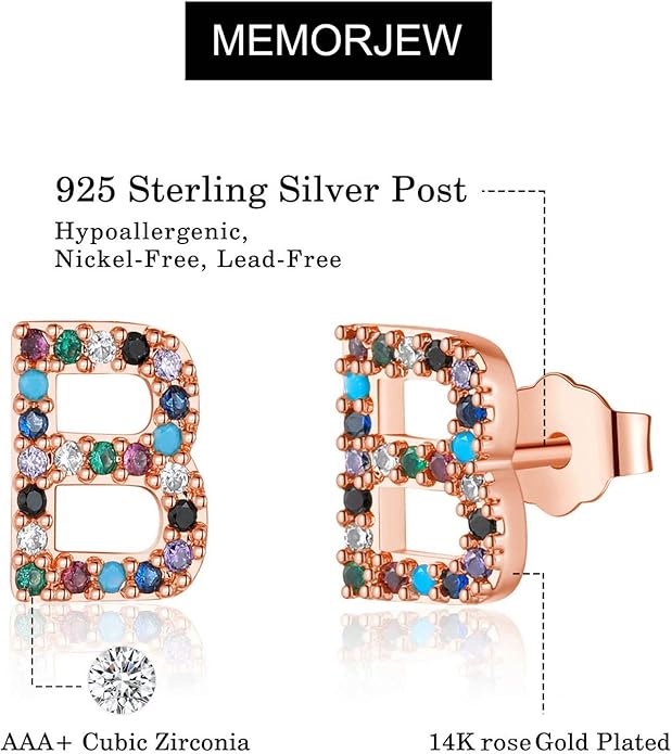 Memorjew Initial Stud Earrings for Women, Hypoallergenic 925 Sterling Silver Post Rainbow Cubic Zirconia Gold Plated 26 Initial Earrings for Women Jewelry Gifts