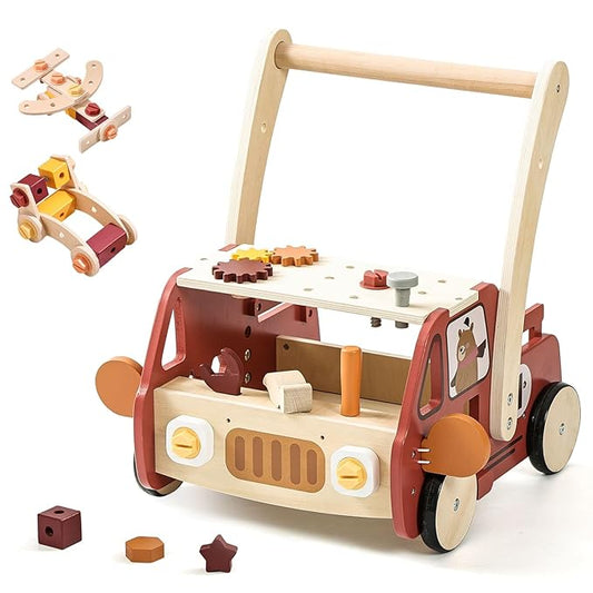IEATFO 3-in-1 Wooden Baby Walker Adjustable Height with Tool Bench and Toy Storage Wagon - Multifunctional Toddler Push Walker Ergonomically Designed for Natural Walking - 3+ Years of Continuous Use