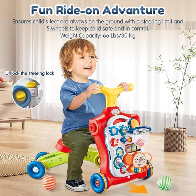 Baby Walker 5 in 1,VATOS Sit-to-Stand Learning Walker,Assemble as Scooter/Balance Bike/Push Walker/Activity Table/Detachable Panel,Push Walkers Toys with Music for Toddlers Infant Boys Girls