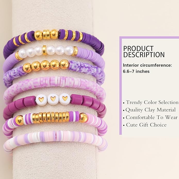Friendship Bracelets Trendy Heishi Clay Bead Bracelets Stack Gold Beaded Stretch Bracelets for Women Boho Stackable Bracelets Bulk Cute Preppy Jewelry