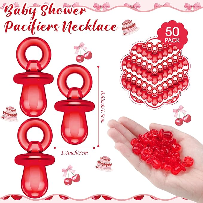 Thyle 51 Pcs Pacifier Hunt Baby Shower Games Include Hunt Sign and 50 Acrylic Pacifiers for Baby Shower Game Decoration Gift Sets Gender Reveal Party Decor (Cherry)