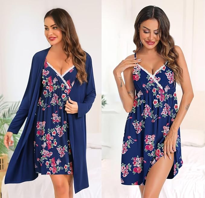 SWOMOG Womens Maternity Robe 2 Piece Nursing Nightgown for Breastfeeding 3 in 1 Labor Delivery Nursing Dress Lace Bathrobe