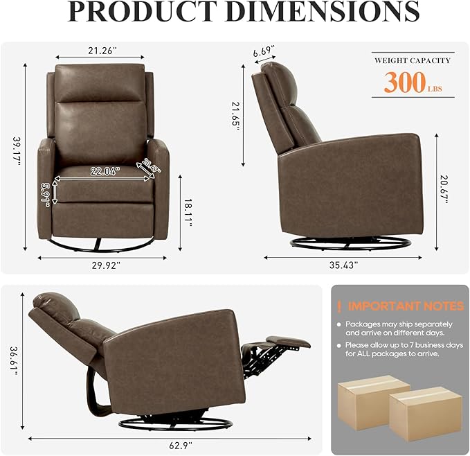 COLAMY Recliner Chair, PU Leather 360° Swivel Rocker Recliner, Nursery Glider Recliner with Ergonomic High Backrest and Upholstered Deep Seat for Living Room, Bedroom, Color Gray