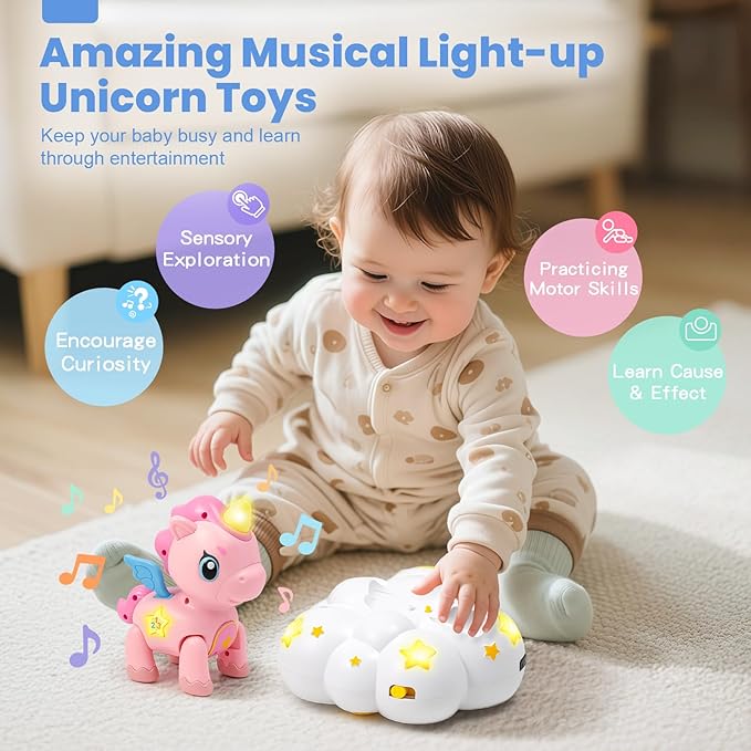 Duchong Baby Toys 6-12 Months Girls Boys, Unicorn Crawling Toys with Music, Sensory Development Learning Toy for 1 Year Old, Christmas Birthday Gifts for Toddler 9-12-18 Months