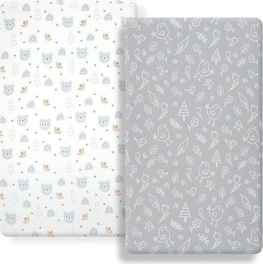 Pack n Play Flat Sheet 2 Piece Mini Crib Sheet Elastic Playard Sheet Set Portable Sheet Set Elastic Convertible Playmat Compatible Graco Pack n Play (Owl and Tree Bag) (Bear and Bird)