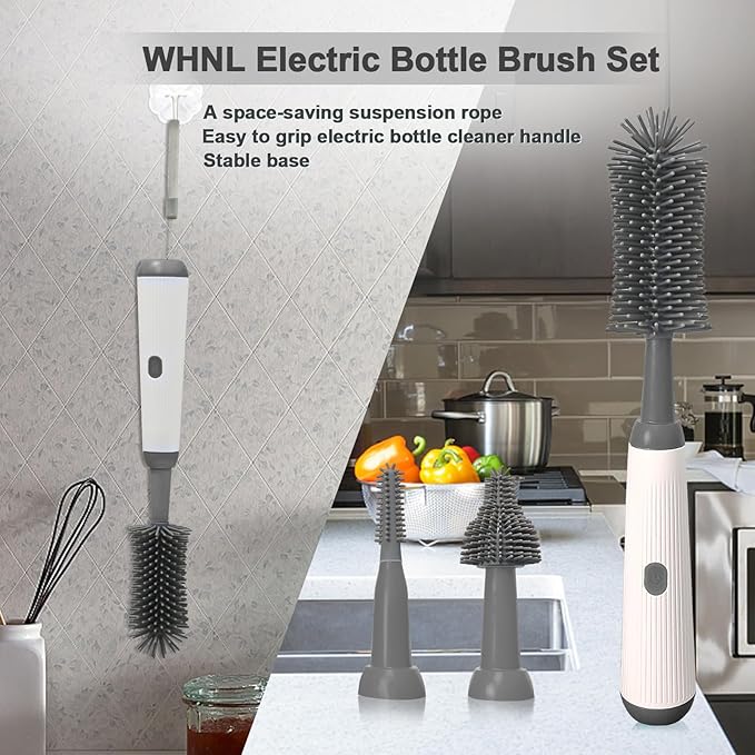 Electric Bottle Brush Set, 360°Automatic Bottle Brush Cleaner with 3 Sizes Replaceable Silicone Bottle Brush and Extension Handle for Long Bottles，Straw Cleaner Brush,IPX65& Rechargeable(Grey)