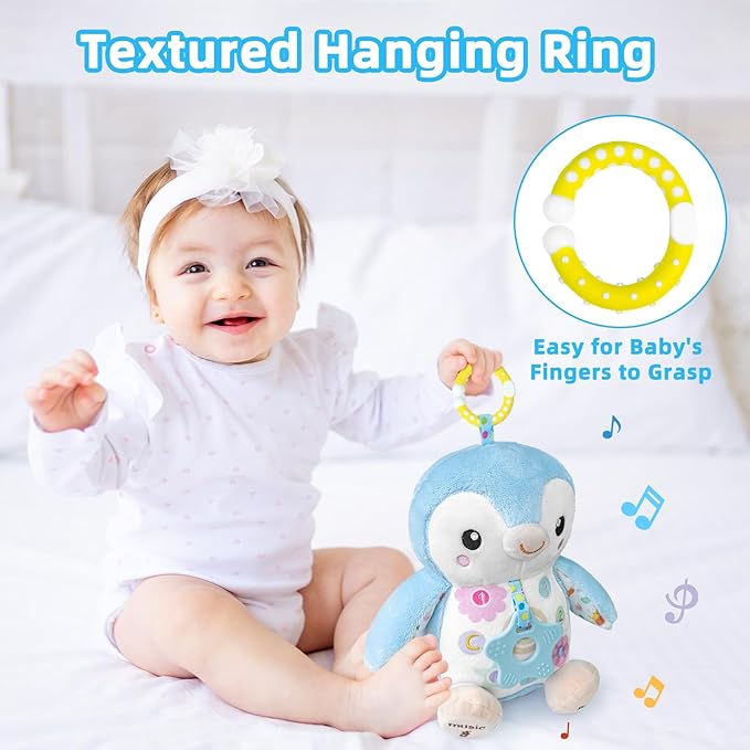 Baby Toys 0-6 Months,Musical Plush Stuffed Animal with Rattles & Crinkle Paper,Hanging Ring for Sensory Play,Tummy Time Toys for 0-12 Months Girls, Baby Girl Gift (Blue)
