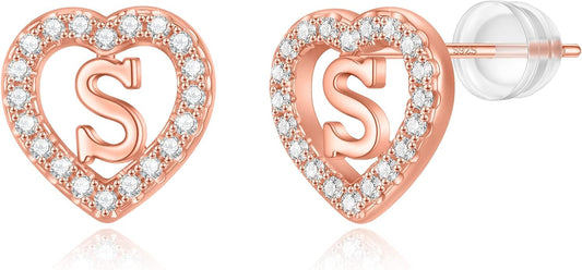 Initial Heart Earrings for Girls, Sterling Silver Post Silver/Rose Gold Heart Initial Stud Earrings for Little Girls Kids Baby Earrings Non Tarnish Hypoallergenic Earrings for Teen Girls Gifts Jewelry