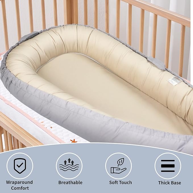Baby Lounger, Baby Nest Cover for Baby, Reversible & Breathable Cotton, Adjustable Baby Floor Seat for Tummy Time, Portable Infant Lounger, Essentials for Newborns (Gray)